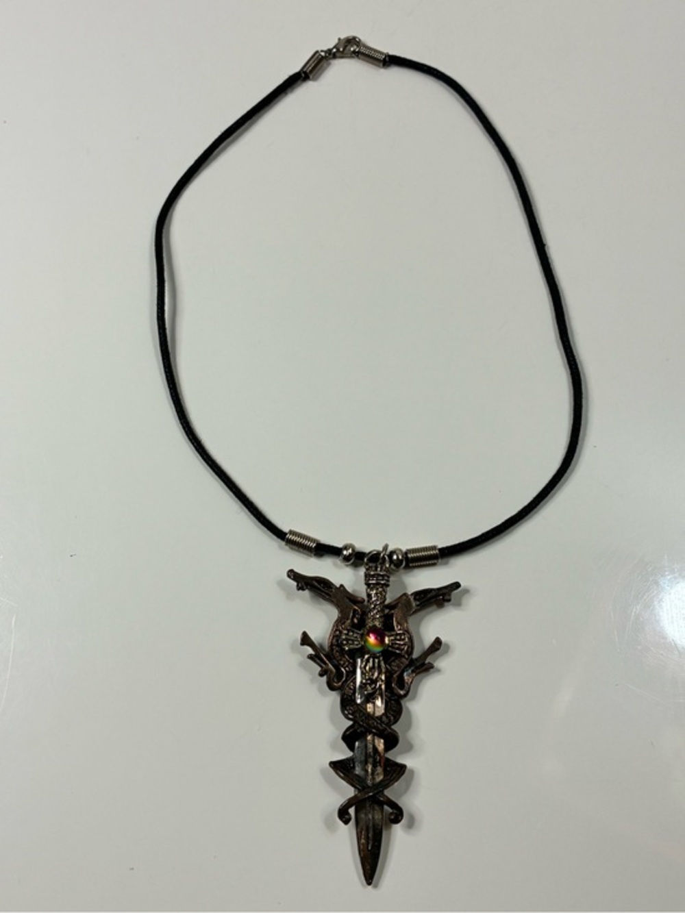 Black Cord Necklace with Metallic Sword & Two Headed Dragon Pendant GOT Unisex